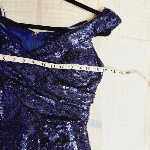 NEW! Marina shawl collar off shoulder sequined floor length mermaid gown sz 6 Maxi